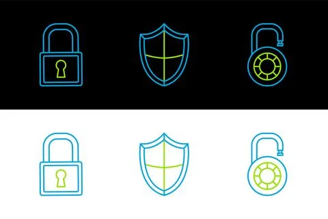 Set line Safe combination lock wheel, Lock and Shield icon. Vector Stock Illustration