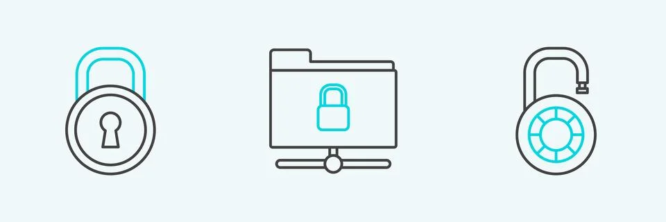 Set line Safe combination lock wheel, Lock and FTP folder and icon. Vector Stock Illustration