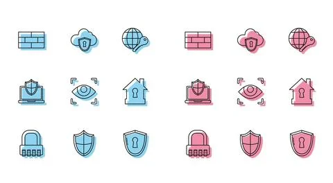 Set line Safe combination lock, Shield, Bricks, with keyhole, Eye scan, Hou.. Ilustración de archivo