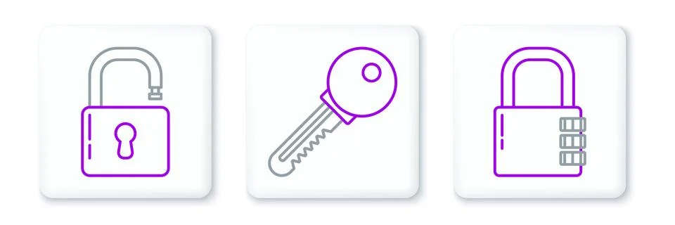 Set line Safe combination lock, Open padlock and Key icon. Vector Stock Illustration