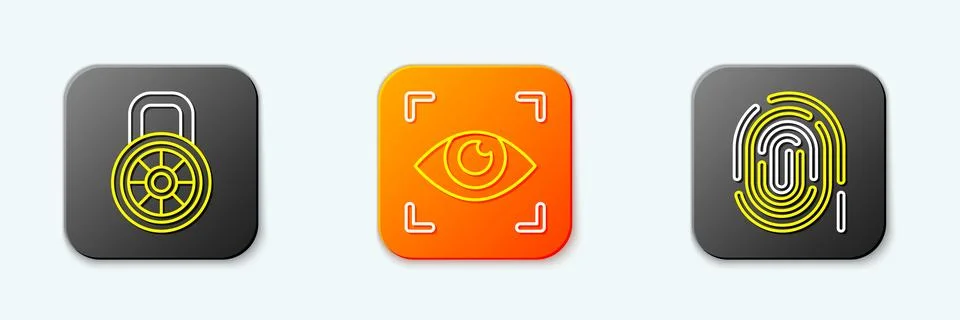 Set line Safe combination lock, Eye scan and Fingerprint icon. Vector Stock Illustration