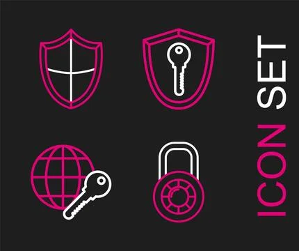 Set line Safe combination lock wheel, Globe key, Shield with and  icon. Vecto Stock Illustration