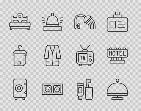 Set line Safe, Covered with tray, Shower head, Electrical outlet, Bedroom, Ba Stock-Illustration