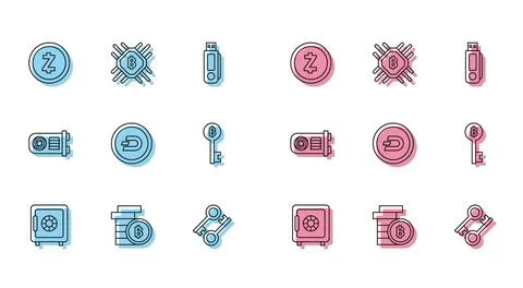 Set line Safe, Cryptocurrency coin Bitcoin, Zcash ZEC, key, Dash, Mining fa.. Stock Illustration
