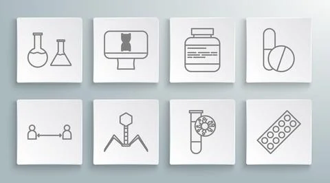 Set line Safe distance, DNA spiral and computer, Bacteria bacteriophage, Te.. Stock Illustration