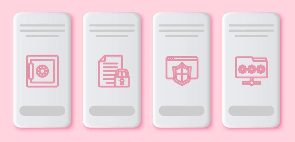 Set line Safe, Document and lock, Browser with shield and Folder password. White Illustrazione stock
