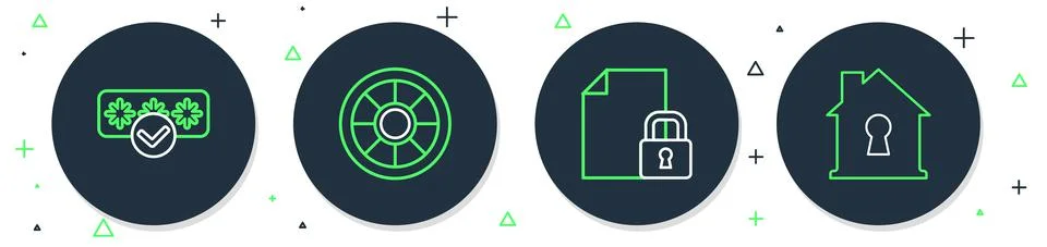 Set line Safe, Document and lock, Password protection and House under icon Illustrazione stock