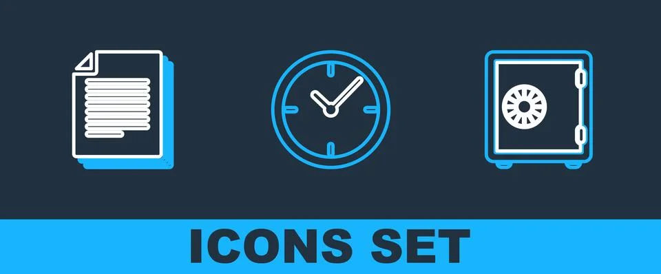 Set line Safe, Document and Clock icon. Vector 스톡 일러스트