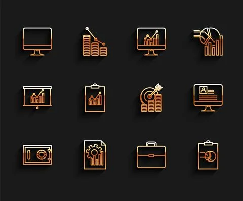 Set line Safe, Document with graph chart, Computer monitor screen, Briefcase イラスト素材