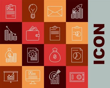 Set line Safe, Document with graph chart, Clipboard, Envelope, Wallet stacks 스톡 일러스트