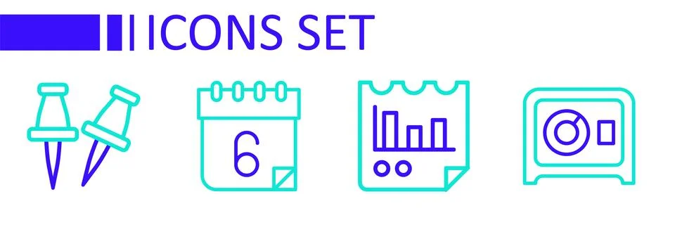 Set line Safe, Document with graph chart, Calendar and Push pin icon. Vector Illustrazione stock