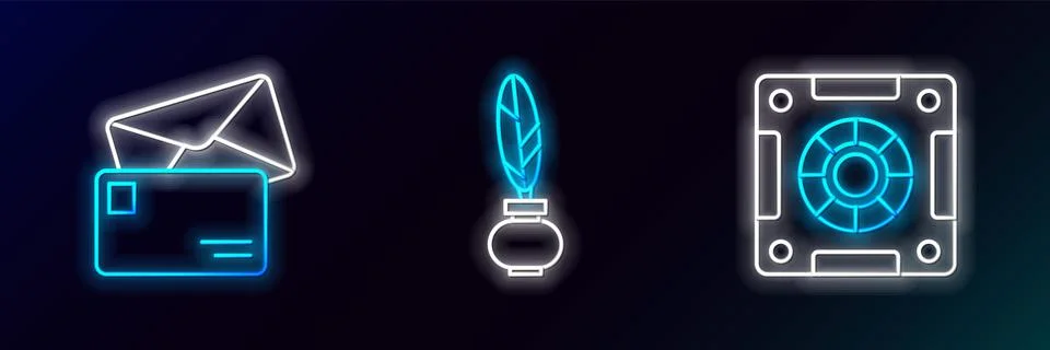 Set line Safe, Envelope and Feather and inkwell icon. Glowing neon. Vector Stock Illustration