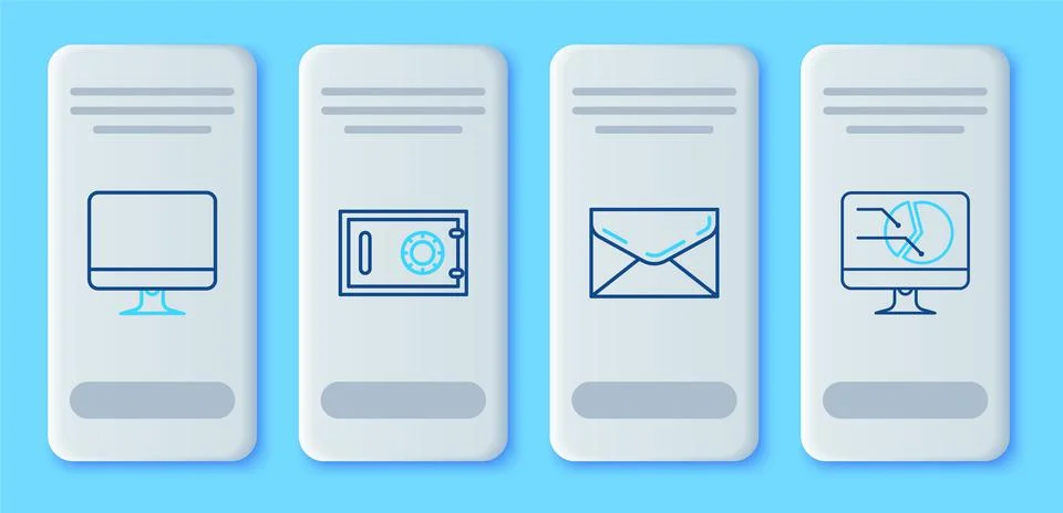 Set line Safe, Envelope, Computer monitor screen and with graph chart icon. V Illustrazione stock