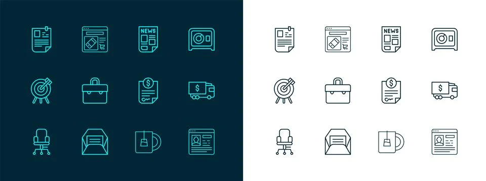 Set line Safe, Envelope, Contract money, Cup of tea, Briefcase, News, Resum.. Stock Illustration