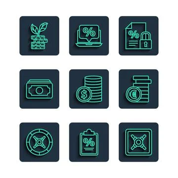 Set line Safe, Finance document, and lock, Coin money with dollar, Stacks paper 库存插图