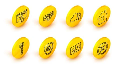 Set line Safe, Firewall, security wall, Shield with world globe, Key, House イラスト素材