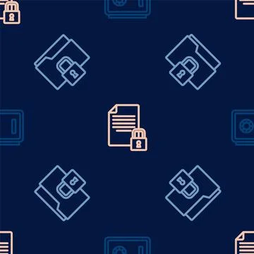 Set line Safe, Folder and lock and Document on seamless pattern. Vector Ilustración de archivo