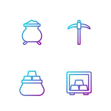 Set line Safe with gold bars, Bag of, Molten being poured and Pickaxe. Gradie Stock Illustration