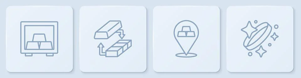 Set line Safe with gold bars, Gold, exchange money and ring. White square button 库存插图