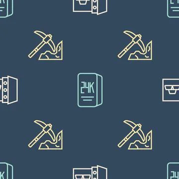 Set line Safe with gold bars, Gold mining and 24k on seamless pattern. Vector イラスト素材