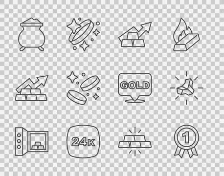 Set line Safe with gold bars, Medal, Growth arrow, Gold 24k, Molten being poured Stock Illustration