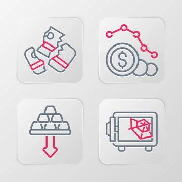 Set line Safe, Gold bars, Dollar rate decrease and Credit card icon. Vector Illustrazione stock