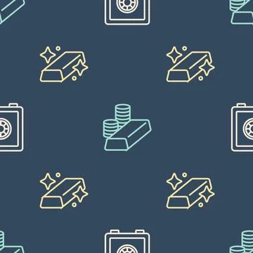 Set line Safe, Gold bars and coin with gold on seamless pattern. Vector Stock Illustration