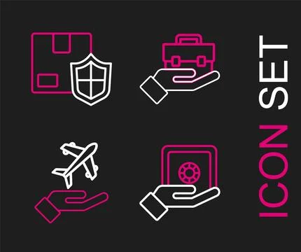 Set line Safe in hand, Plane, Hand holding briefcase and Delivery security .. Stock Illustration