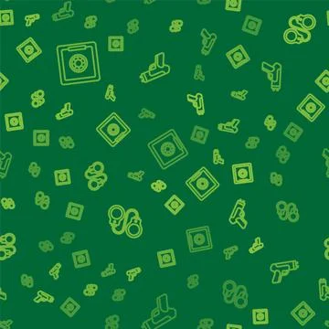 Set line Safe, Handcuffs and Police electric shocker on seamless pattern. Vector Illustrazione stock