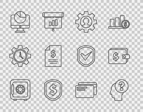 Set line Safe, Human head with question mark, gear inside, Shield dollar Stock Illustration