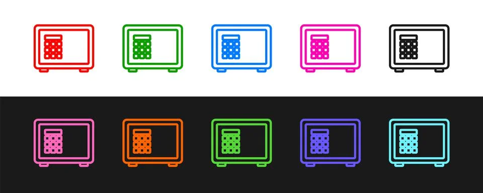 Set line Safe icon isolated on black and white background. The door safe a bank 스톡 일러스트