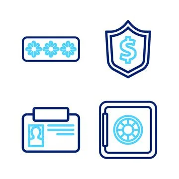Set line Safe, Identification badge, Shield with dollar and Password protec.. Stock Illustration