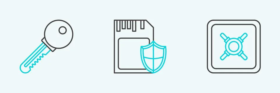 Set line Safe, Key and SD card and shield icon. Vector Illustrazione stock