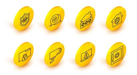 Set line Safe, Laptop with exclamation mark, Security camera, Folder and lock Stock Illustration