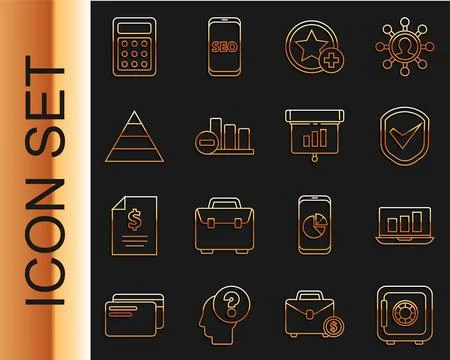 Set line Safe, Laptop with graph chart, Shield check mark, Star, Pie infogr.. Stock-Illustration