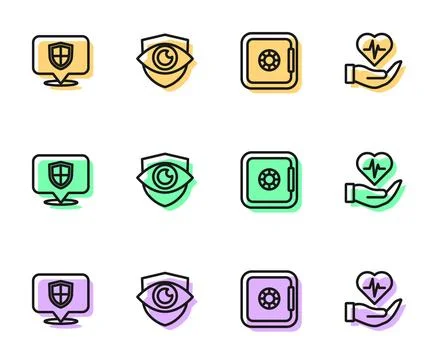 Set line Safe, Location shield, Shield and eye and Life insurance in hand icon 스톡 일러스트