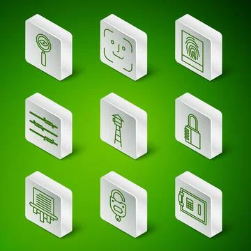 Set line Safe, Lock and key, Magnifying glass Search, Watch tower, Barbed wire Ilustración de archivo