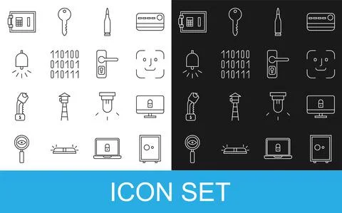 Set line Safe, Lock on computer monitor, Face recognition, Bullet, Binary code Stock Illustration