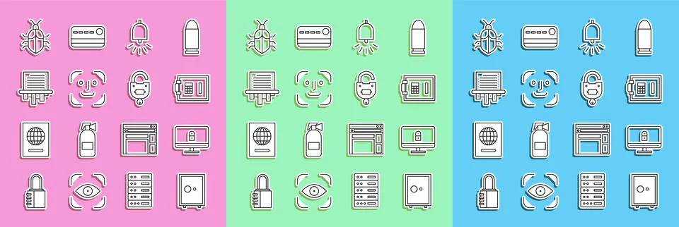Set line Safe, Lock on computer monitor, Ringing alarm bell, Face recognition Stock-Illustration