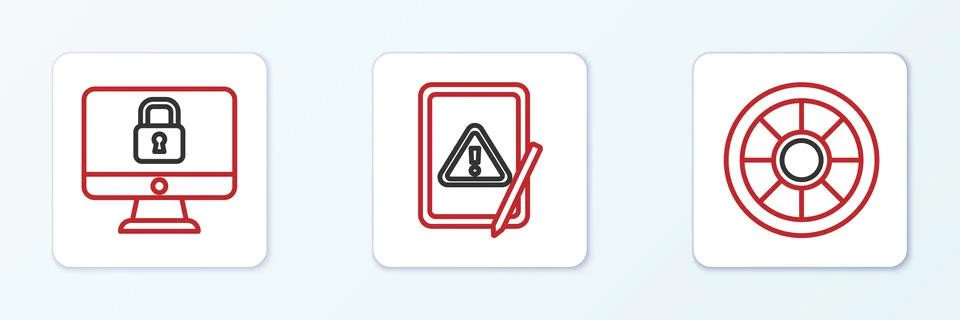 Set line Safe, Lock on computer monitor and Tablet with exclamation mark icon Stock Illustration
