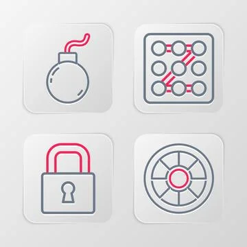 Set line Safe, Lock, Graphic password protection and Bomb ready to explode icon Illustrazione stock
