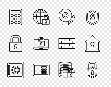 Set line Safe, Lock, Ringing alarm bell, Password protection, Laptop and lo.. Stock Illustration