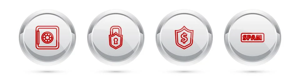 Set line Safe, Lock, Shield with dollar and Spam. Silver circle button. Vector Stock Illustration