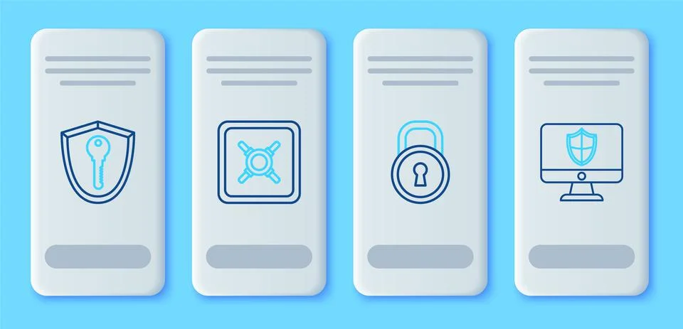 Set line Safe, Lock, Shield with key and Computer monitor and shield icon 스톡 일러스트