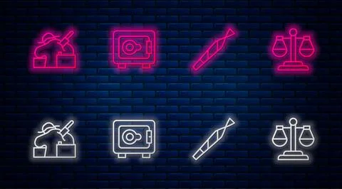 Set line Safe, Marijuana joint, Murder and Scales of justice. Glowing neon .. Stock Illustration