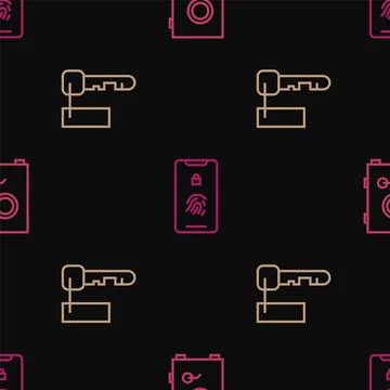 Set line Safe, Marked key and Mobile with fingerprint scan on seamless pattern Stock Illustration