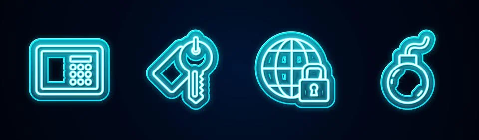 Set line Safe, Marked key, Global lockdown and Bomb ready to explode. Glowi.. Stock Illustration