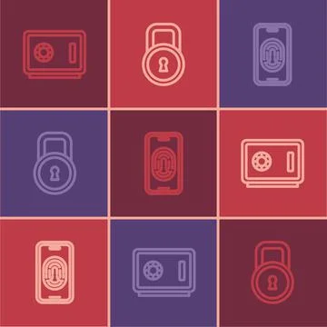 Set line Safe, Mobile with fingerprint scanner and Lock icon. Vector Stock Illustration