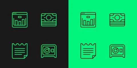 Set line Safe, Notebook, Browser with stocks market and Stacks paper money cash Stock Illustration