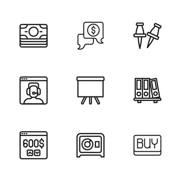 Set line Safe, Office folders, Buy button, Chalkboard, Push pin, Stacks pap.. Illustrazione stock